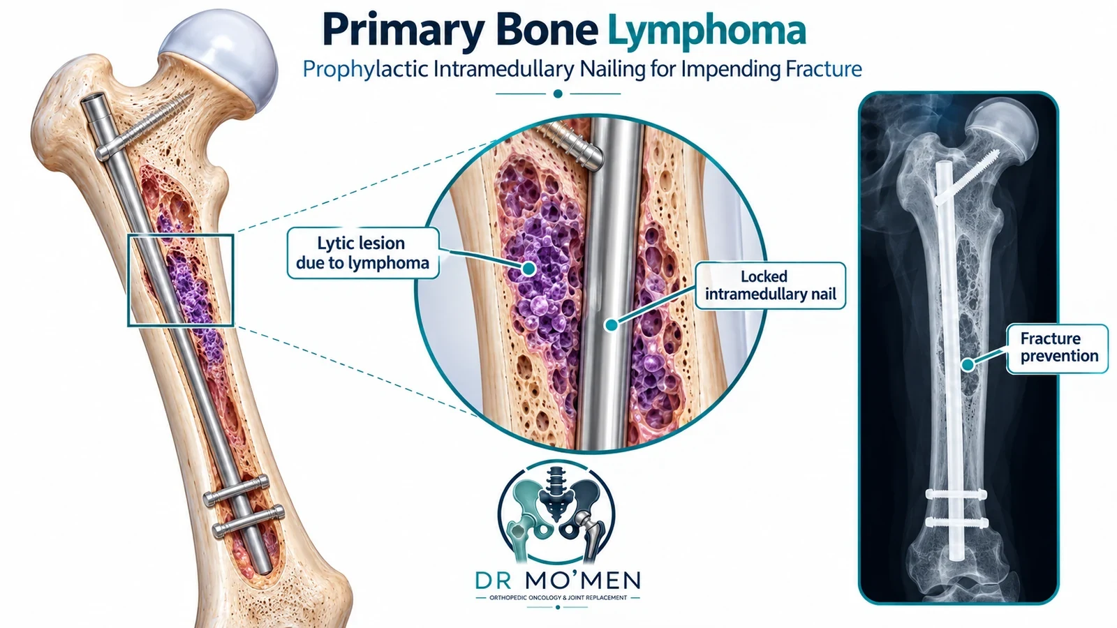 Educational anatomical illustration of locked femoral nail stabilization for selected lymphoma-related fracture risk; not postoperative imaging.