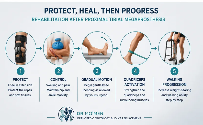 Rehabilitation after proximal tibial megaprosthesis and extensor mechanism reconstruction