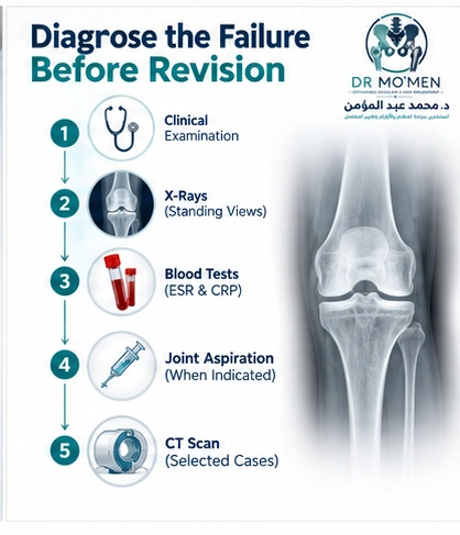 Diagnose the failure before revision Infographic showing the diagnostic workup of a painful knee replacement before revision surgery.
