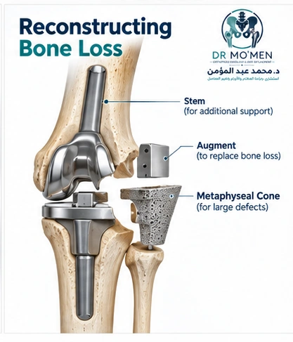 Reconstructing bone loss in revision knee surgery 3D medical illustration showing stems, metal augments and metaphyseal fixation used in revision knee reconstruction.