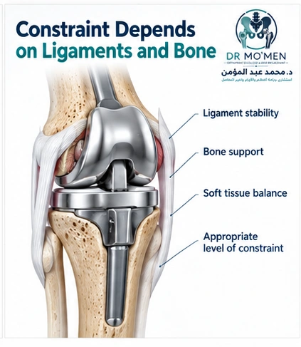 Constraint depends on ligaments and bone Educational illustration explaining that implant constraint in revision knee surgery depends on ligament stability and bone support.