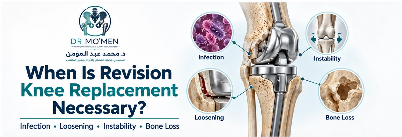 When Is Revision Knee Replacement Necessary? 3D medical illustration of revision knee replacement showing the main causes of failed total knee arthroplasty.