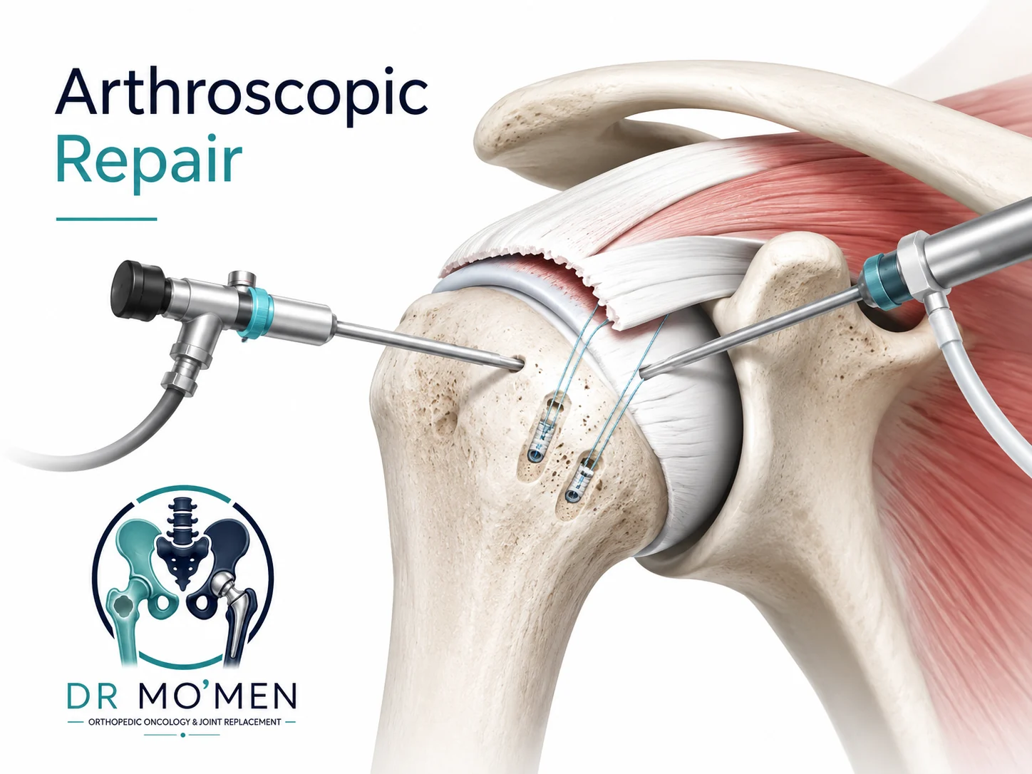 3D medical illustration of arthroscopic rotator cuff repair with suture anchors reattaching the tendon to the humeral head.