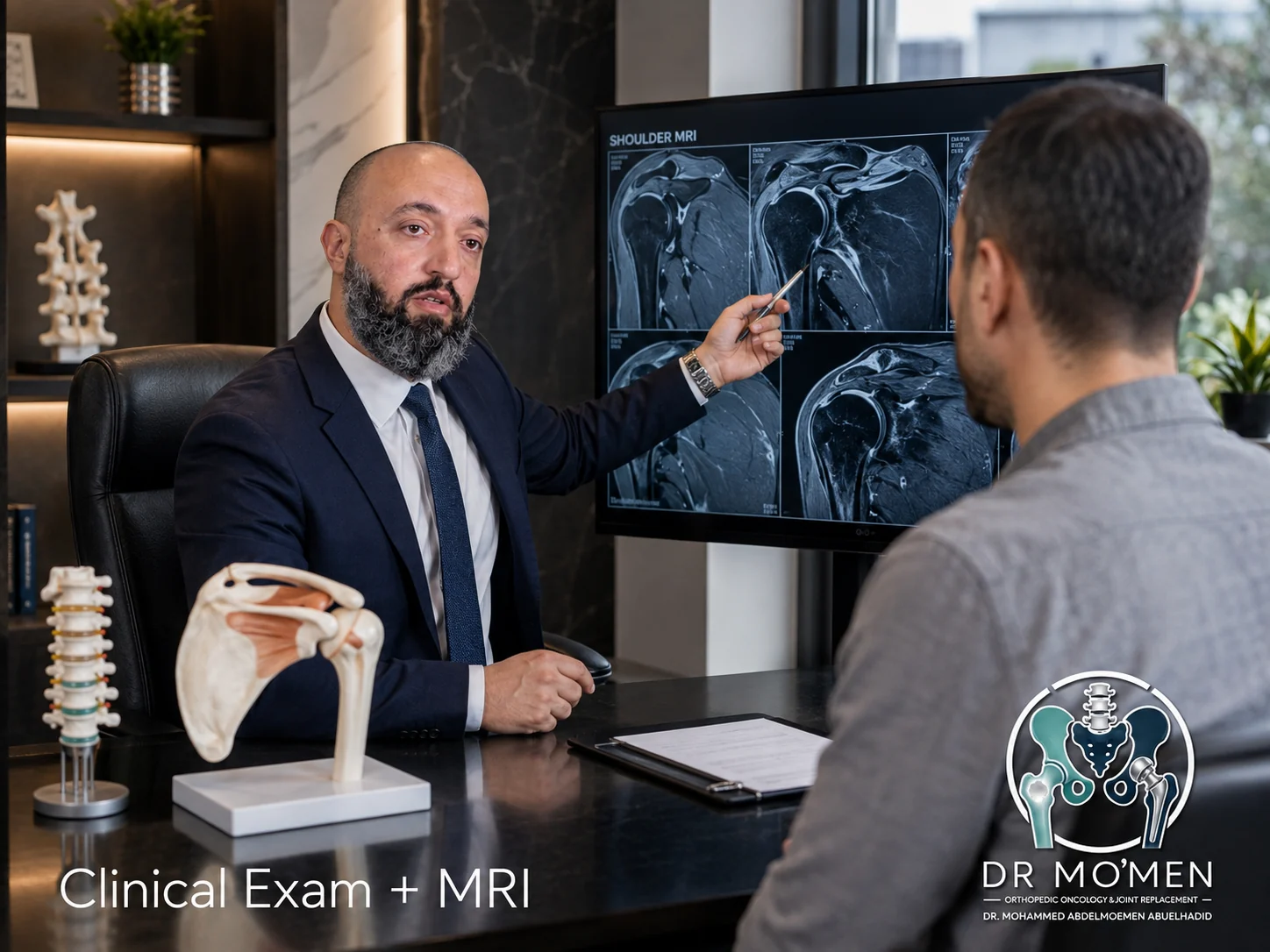 Orthopedic surgeon explaining shoulder MRI findings to a patient during a clinical consultation.