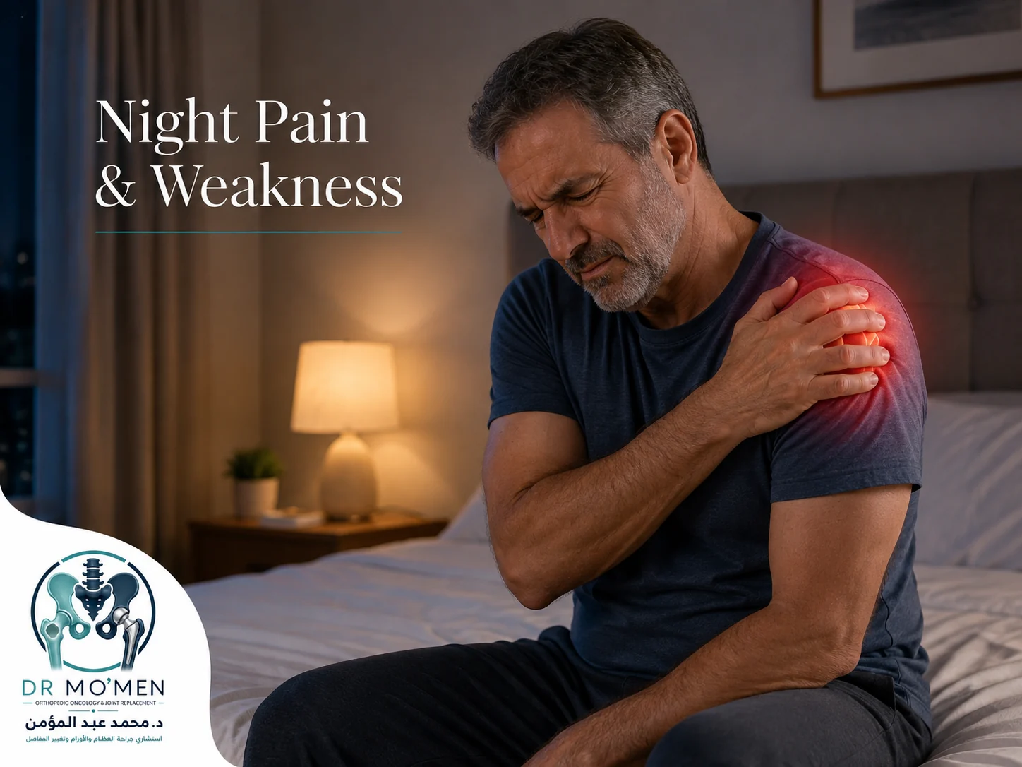 Adult patient experiencing shoulder pain at night while holding the affected shoulder in bed.