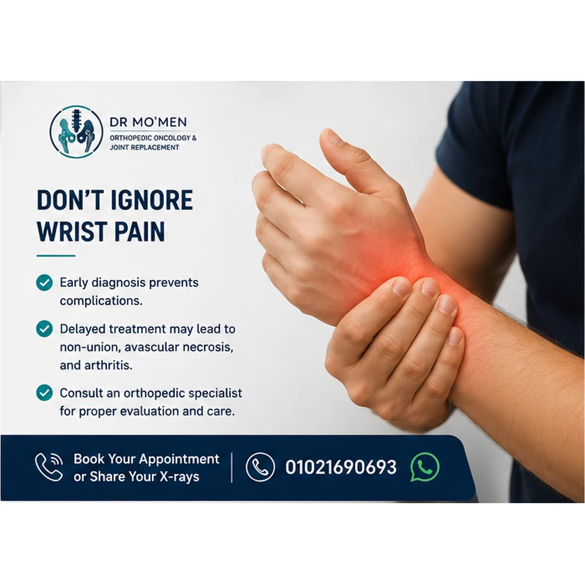 Patient holding a painful wrist with guidance not to ignore persistent thumb-side wrist pain