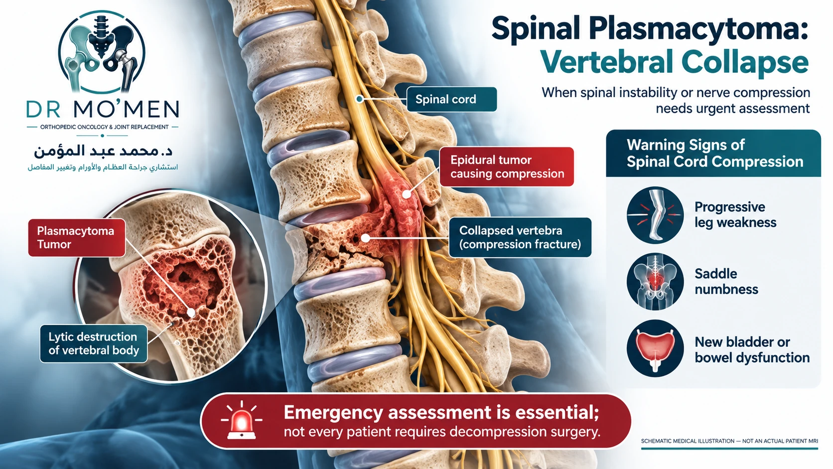 Three-dimensional medical illustration of plasmacytoma-related vertebral collapse and possible spinal neural compression.