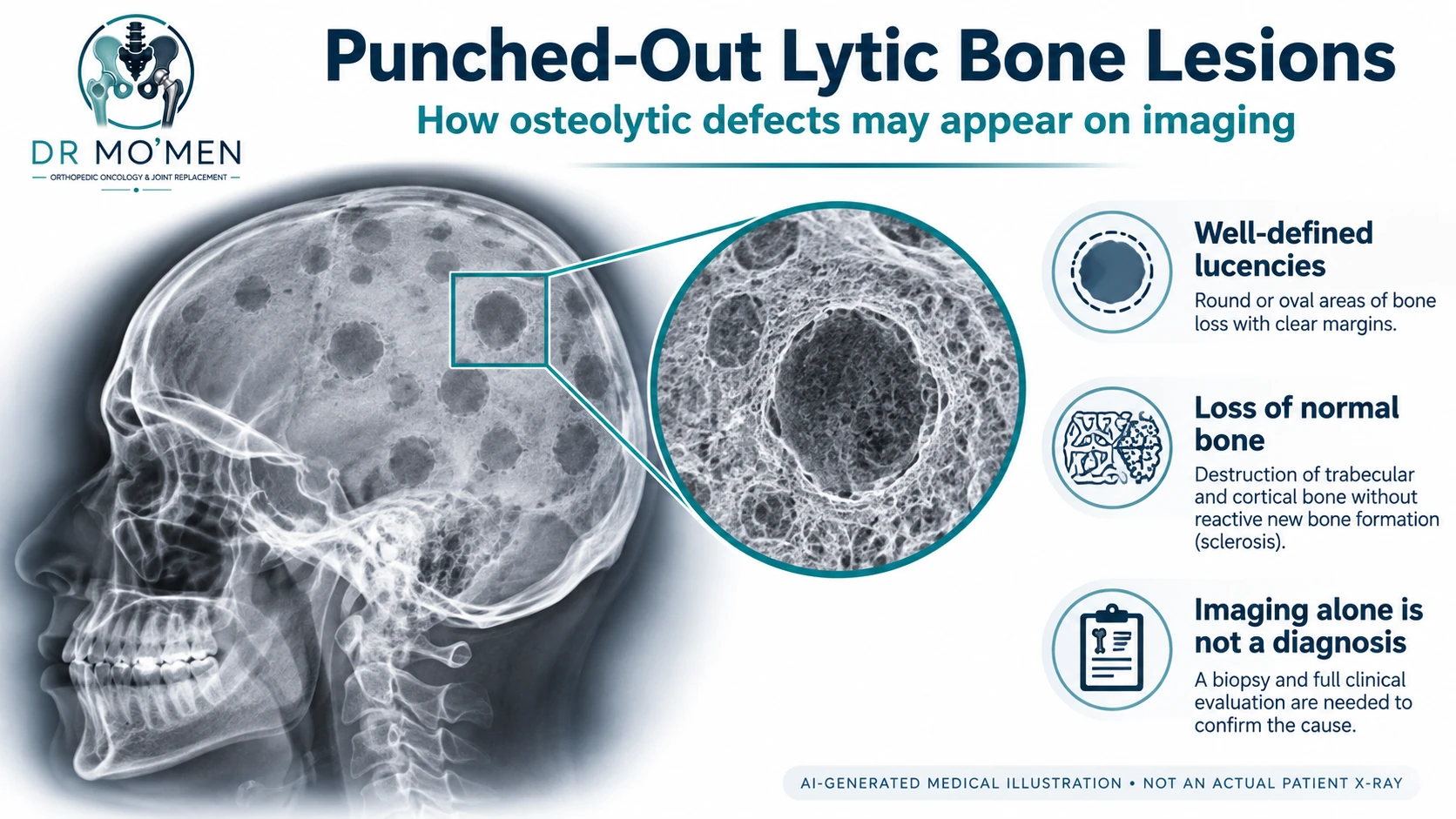 AI-generated educational skull radiograph-style illustration of punched-out lytic bone lesions; not a real clinical radiograph.