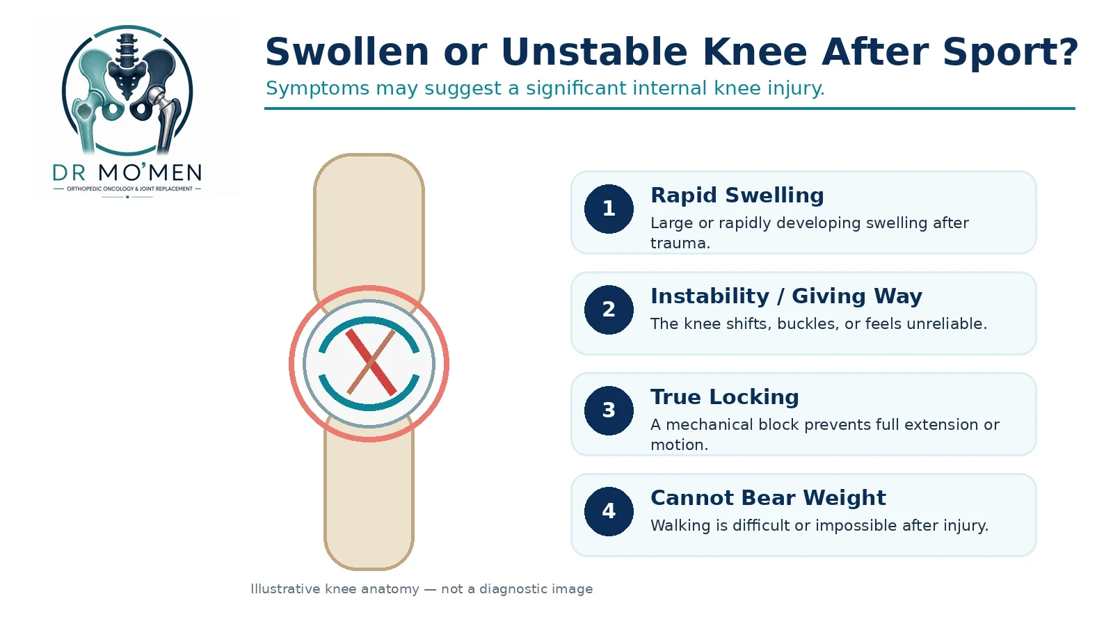 Medical illustration showing rapid swelling, instability or giving way, true locking and inability to bear weight after an acute sports knee injury.