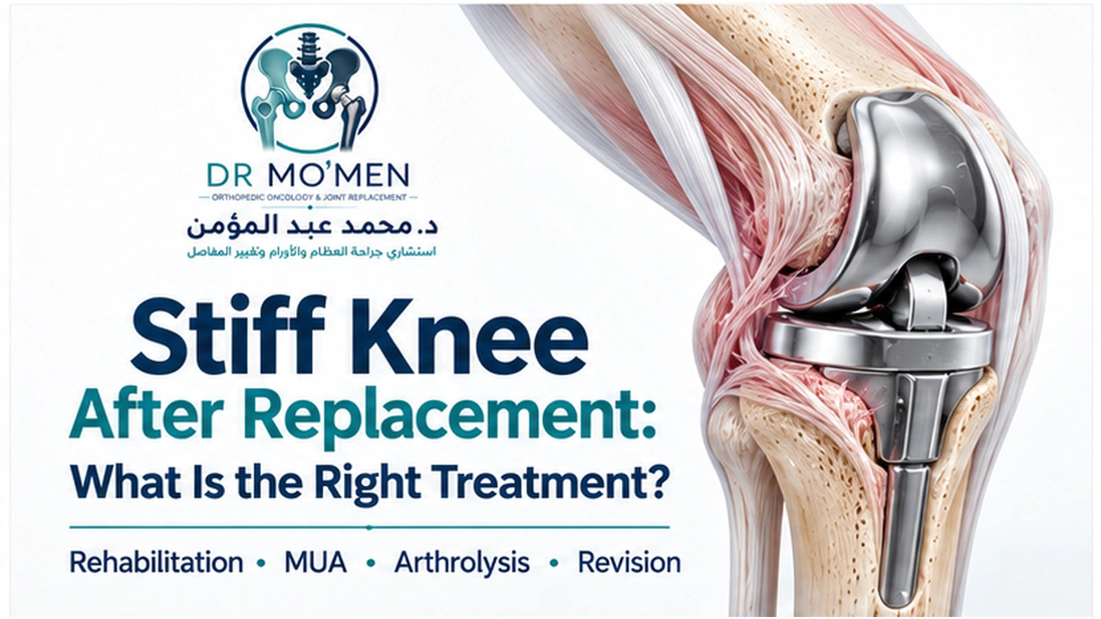 Stiff Knee After Replacement: What Is the Right Treatment? 3D medical illustration of stiffness after knee replacement and the main treatment options.