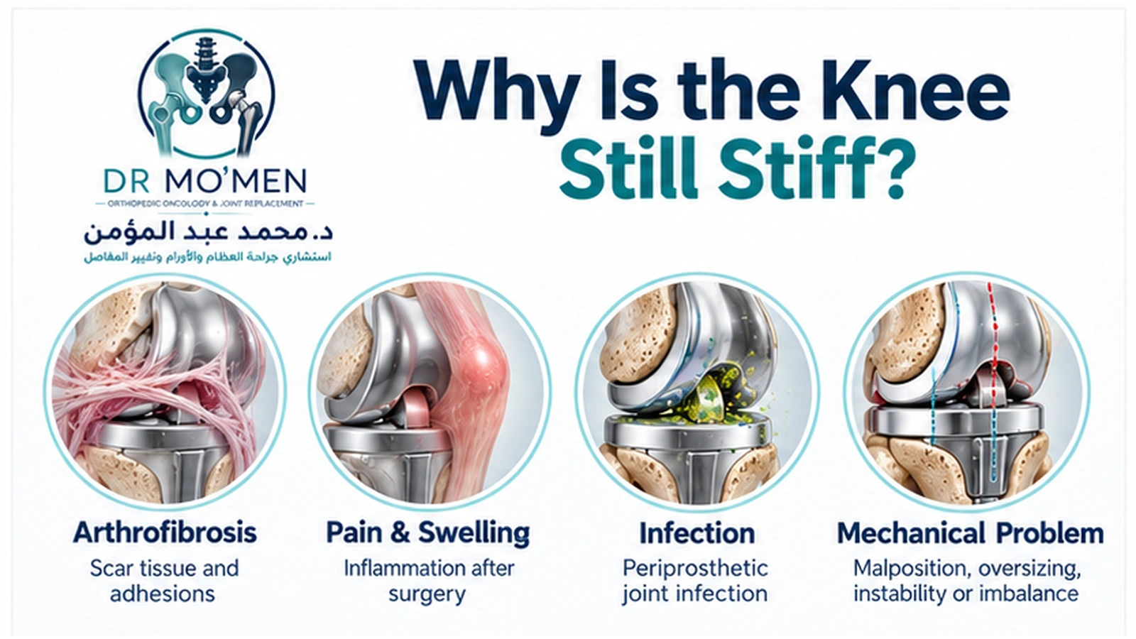 Why Is the Knee Still Stiff? Medical infographic explaining common causes of stiffness after total knee replacement.