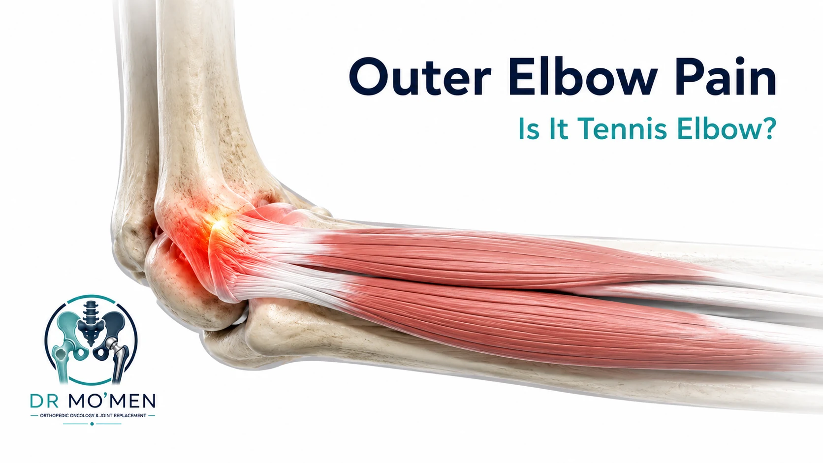3D medical illustration showing the common site of tennis elbow pain at the outer elbow and forearm tendon origin.