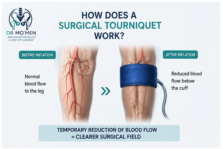 Medical illustration explaining how a surgical tourniquet temporarily reduces blood flow