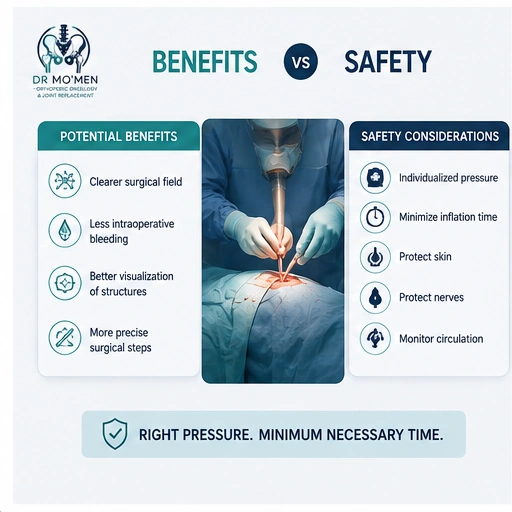 Infographic comparing benefits and safety considerations of orthopedic tourniquet use
