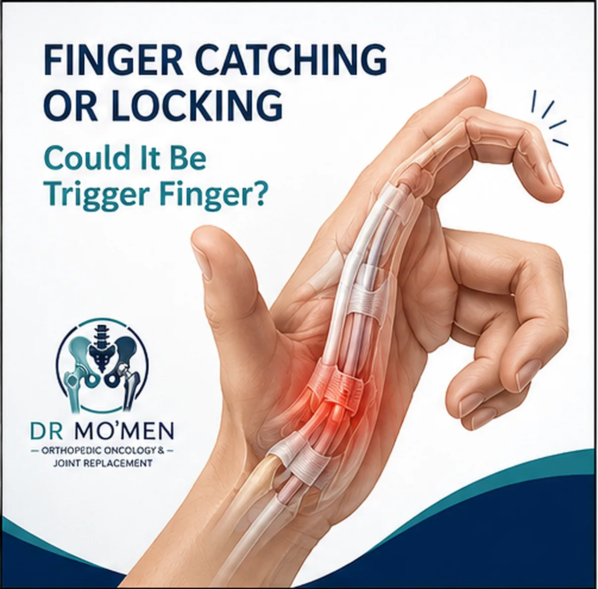 3D medical illustration of trigger finger showing a finger catching or locking because of narrowing at the tendon pulley.