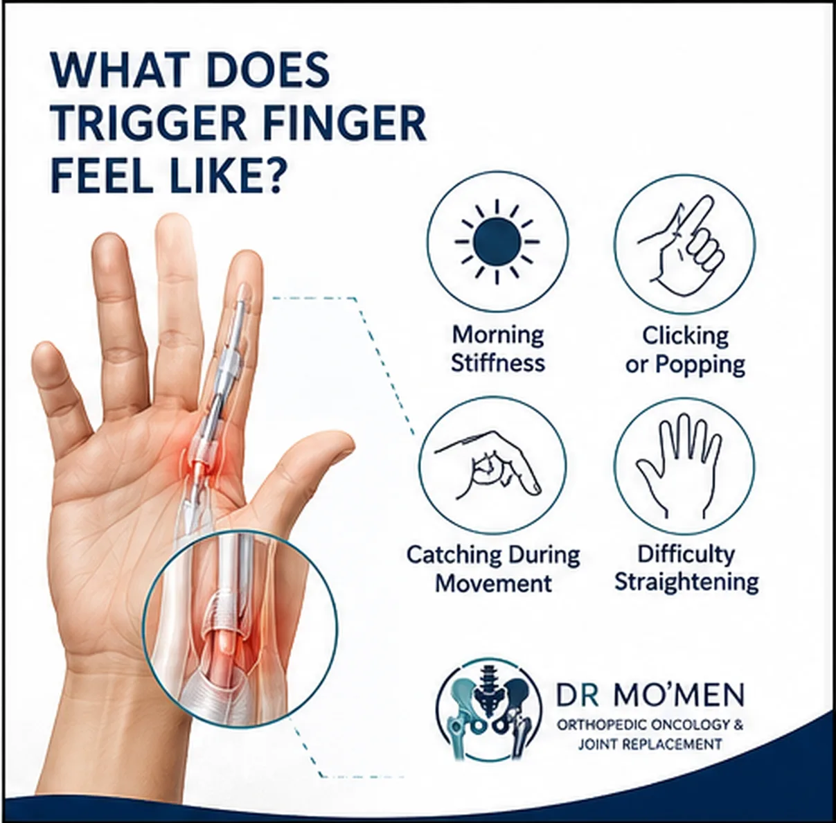Infographic showing trigger finger symptoms including morning stiffness, clicking, catching and difficulty straightening.