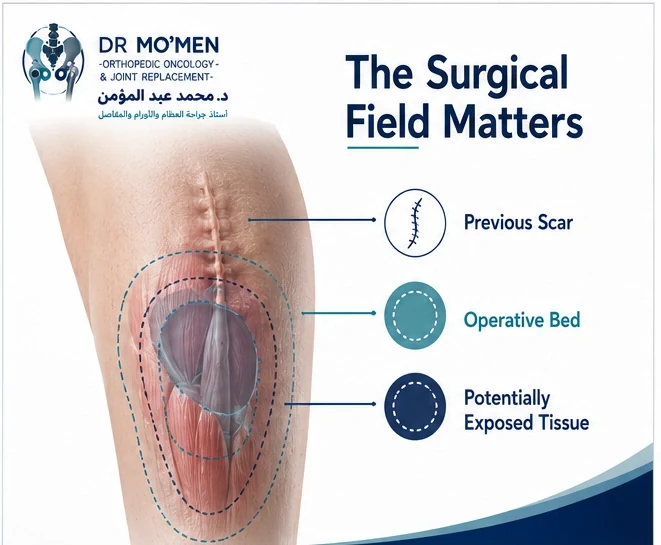 Medical illustration showing the previous scar, operative cavity and surrounding tissue considered during sarcoma re-excision planning