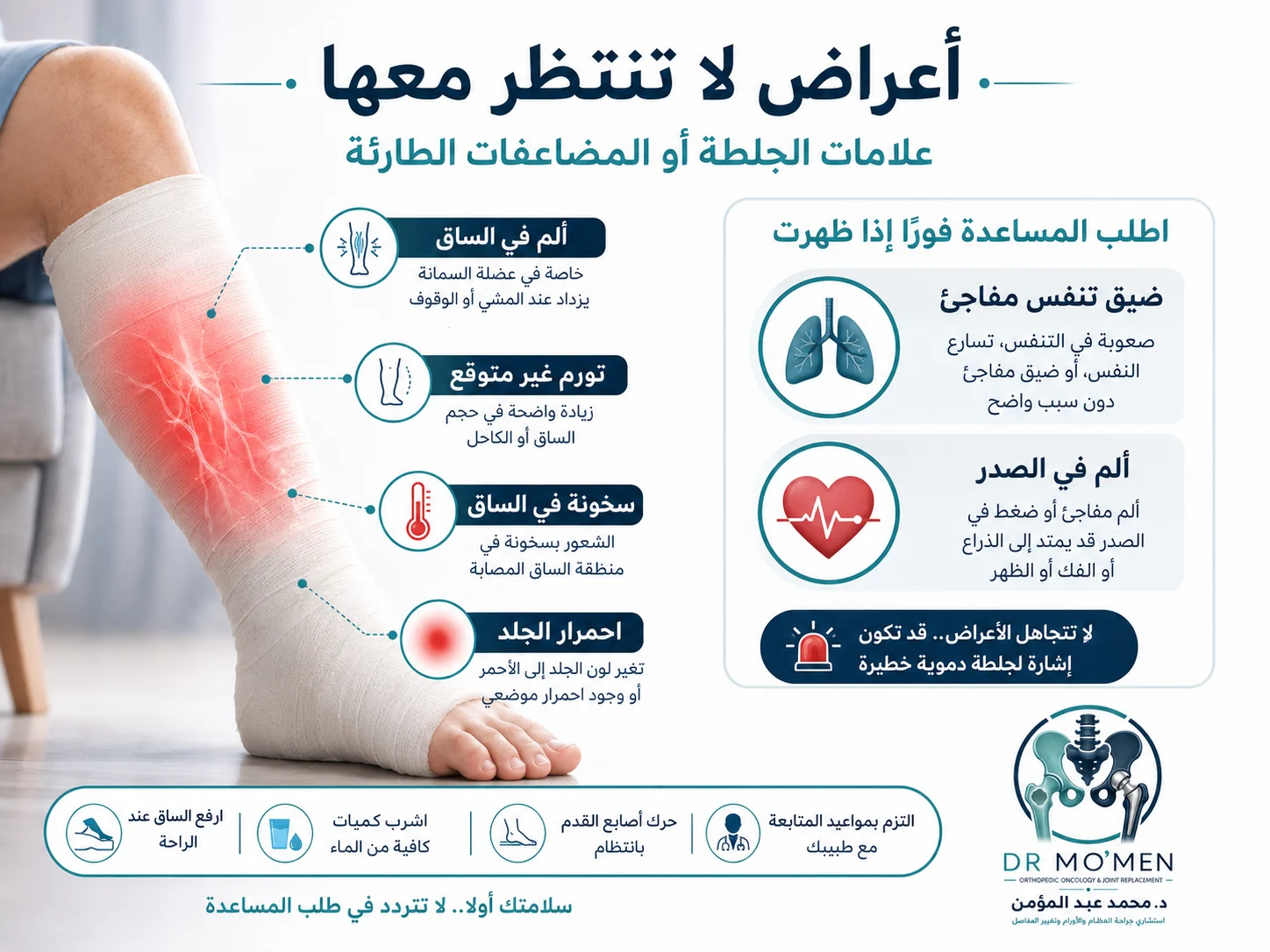 إنفوجرافيك يوضح ألم السمانة والتورم غير المتوقع والسخونة والاحمرار وضيق التنفس وألم الصدر بعد تثبيت الطرف السفلي