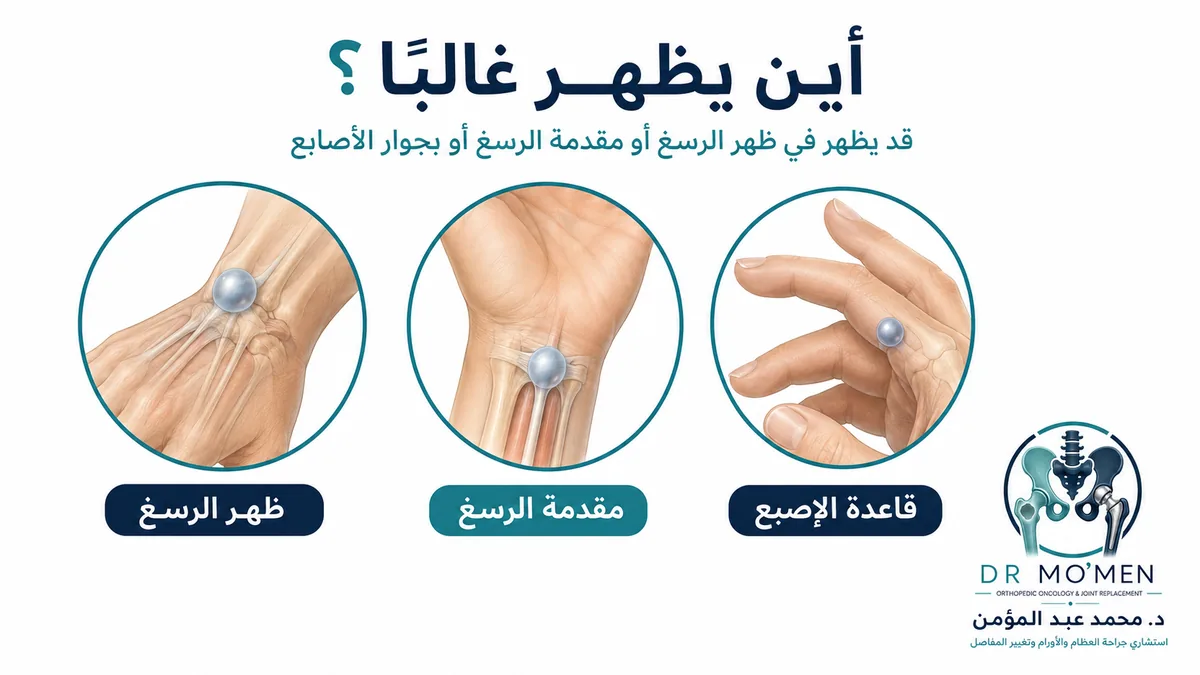 أماكن ظهور الكيس الزلالي في الرسغ واليد والأصابع