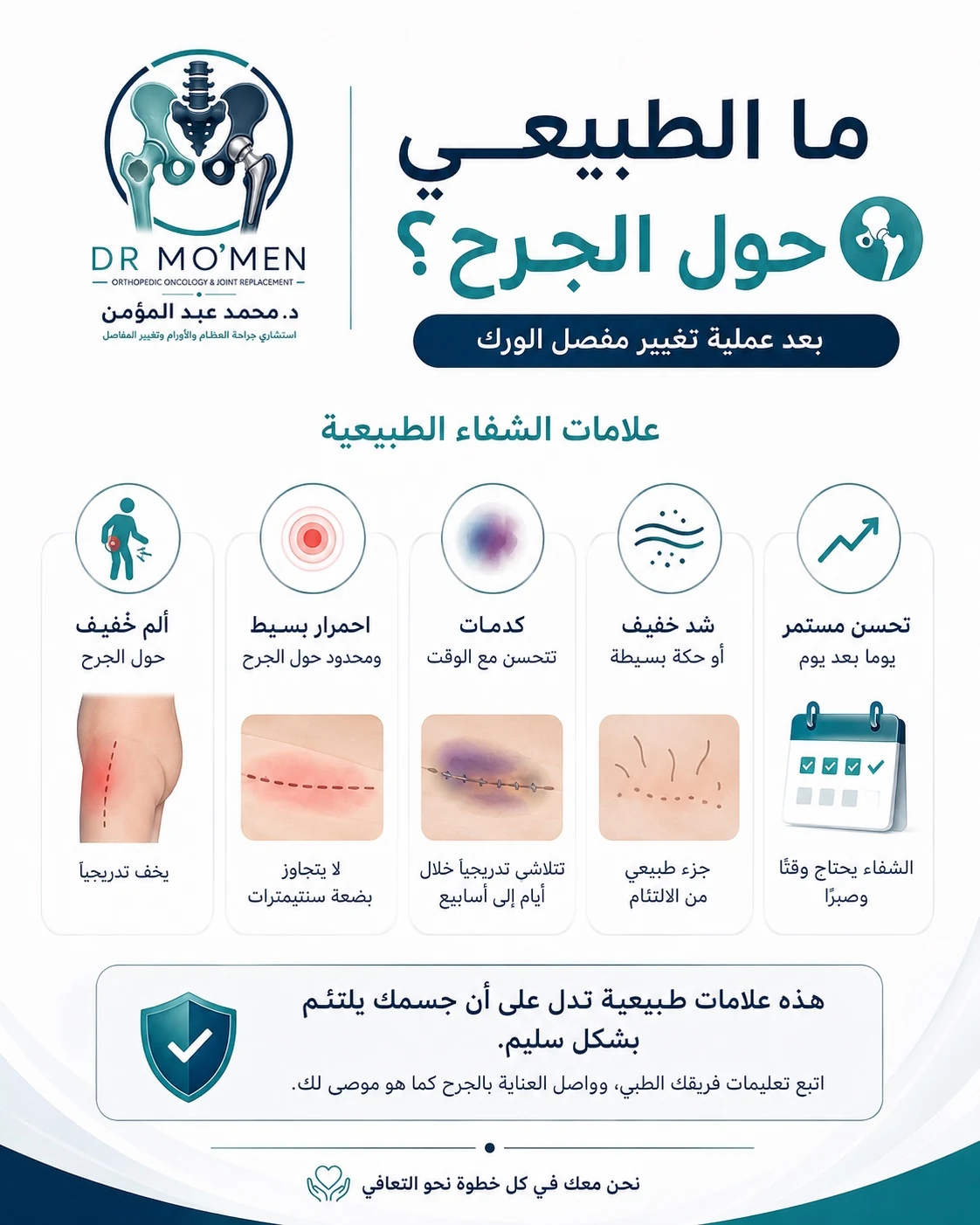 علامات الالتئام الطبيعي بعد تغيير مفصل الفخذ مثل ألم بسيط واحمرار محدود وكدمات تتحسن