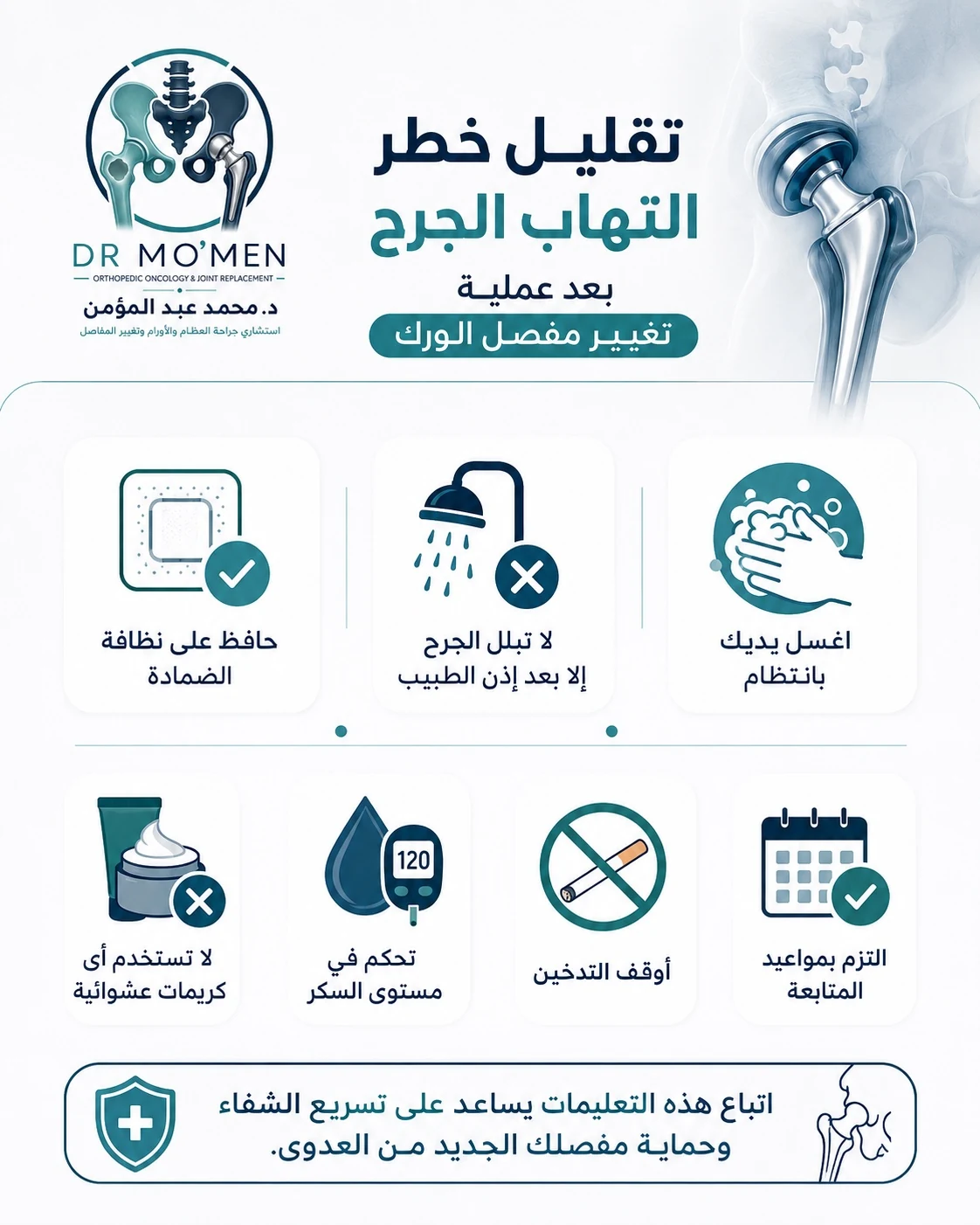 علامات التهاب الجرح بعد تغيير مفصل الفخذ مثل إفرازات وصديد واحمرار وسخونة