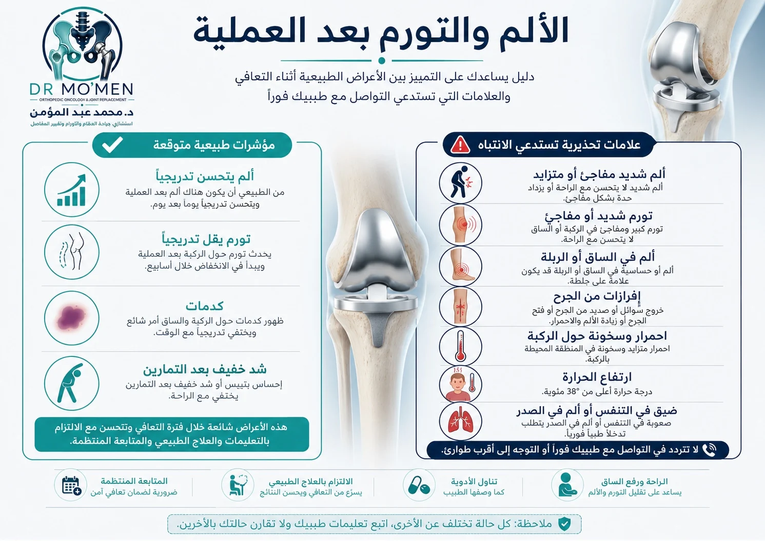 الألم والتورم بعد تغيير مفصل الركبة ومتى يكون طبيعيًا أو يحتاج مراجعة الطبيب