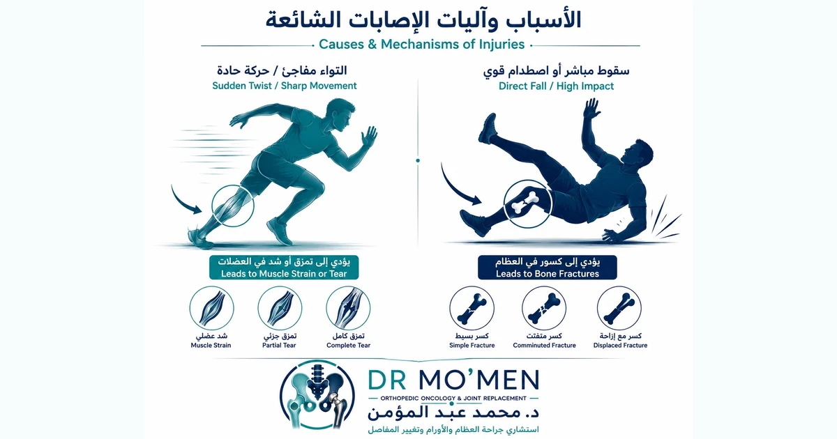 صورة توضيحية من ملف المقال عن أسباب وآليات الإصابات العضلية والكسور.
