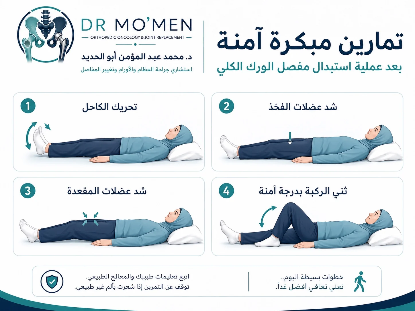 تمارين مبكرة بعد تغيير مفصل الفخذ مثل تحريك الكاحل وشد عضلات الفخذ والمقعدة