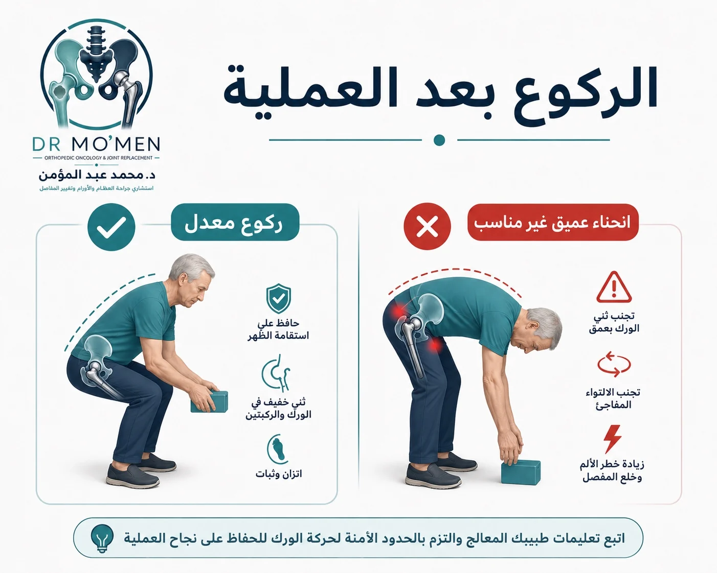 الركوع بعد تغيير مفصل الفخذ وتجنب الانحناء العميق أو الثني الزائد