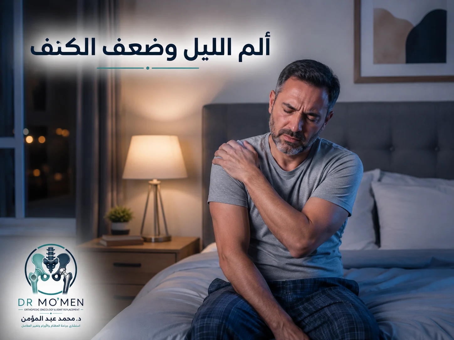 مريض يعاني من ألم الكتف أثناء الليل ويمسك بالكتف المصاب أثناء الجلوس على السرير.