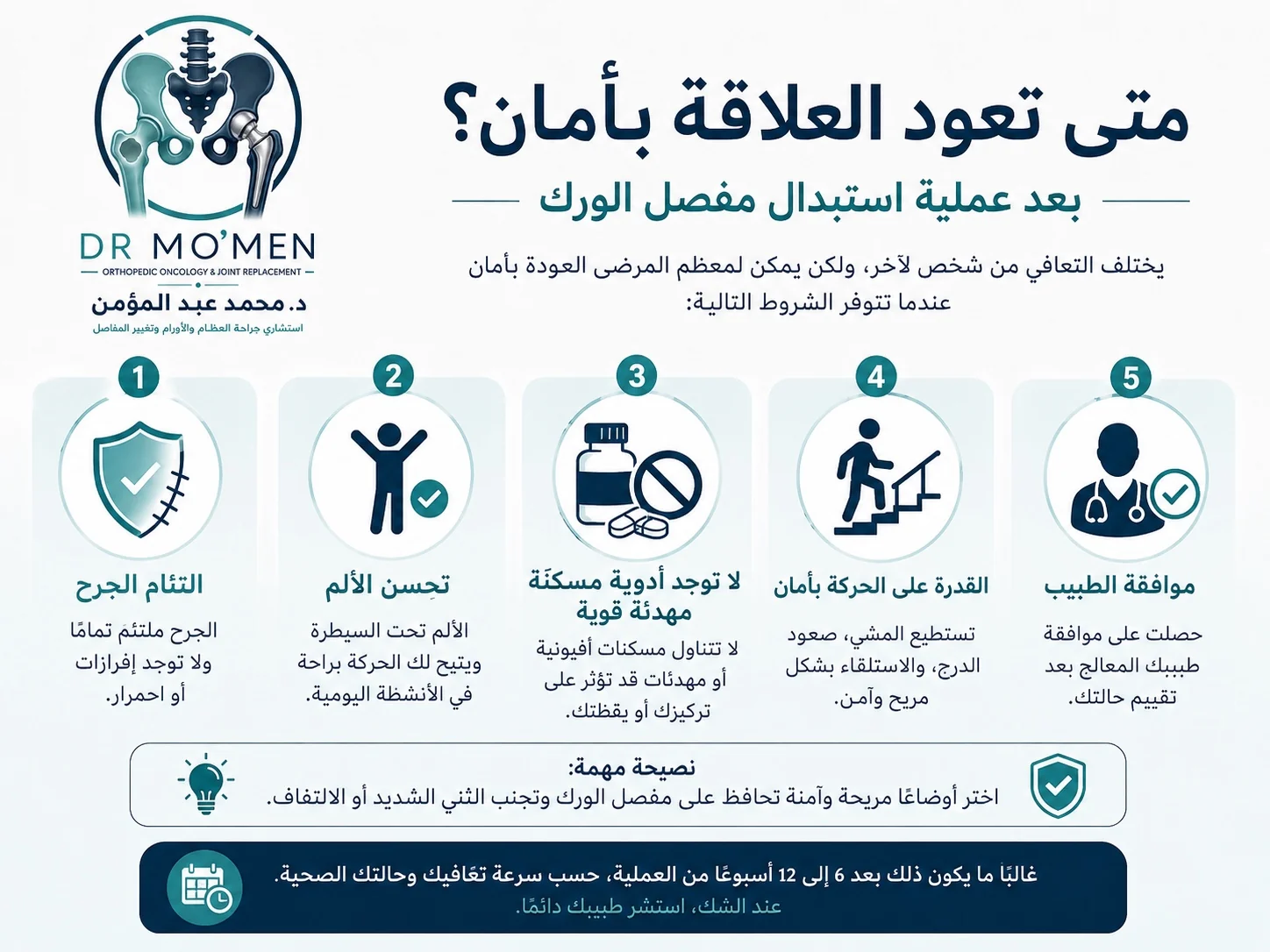 متى يمكن العودة للعلاقة الزوجية بعد تغيير مفصل الفخذ حسب التئام الجرح وتحسن الألم