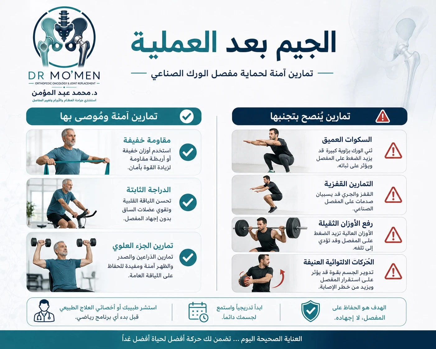 تمارين الجيم الآمنة بعد تغيير مفصل الفخذ والتمارين التي يجب تجنبها في البداية