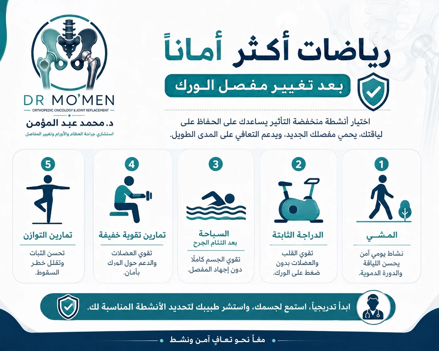 رياضات منخفضة الصدمة بعد تغيير مفصل الفخذ مثل المشي والسباحة والدراجة الثابتة