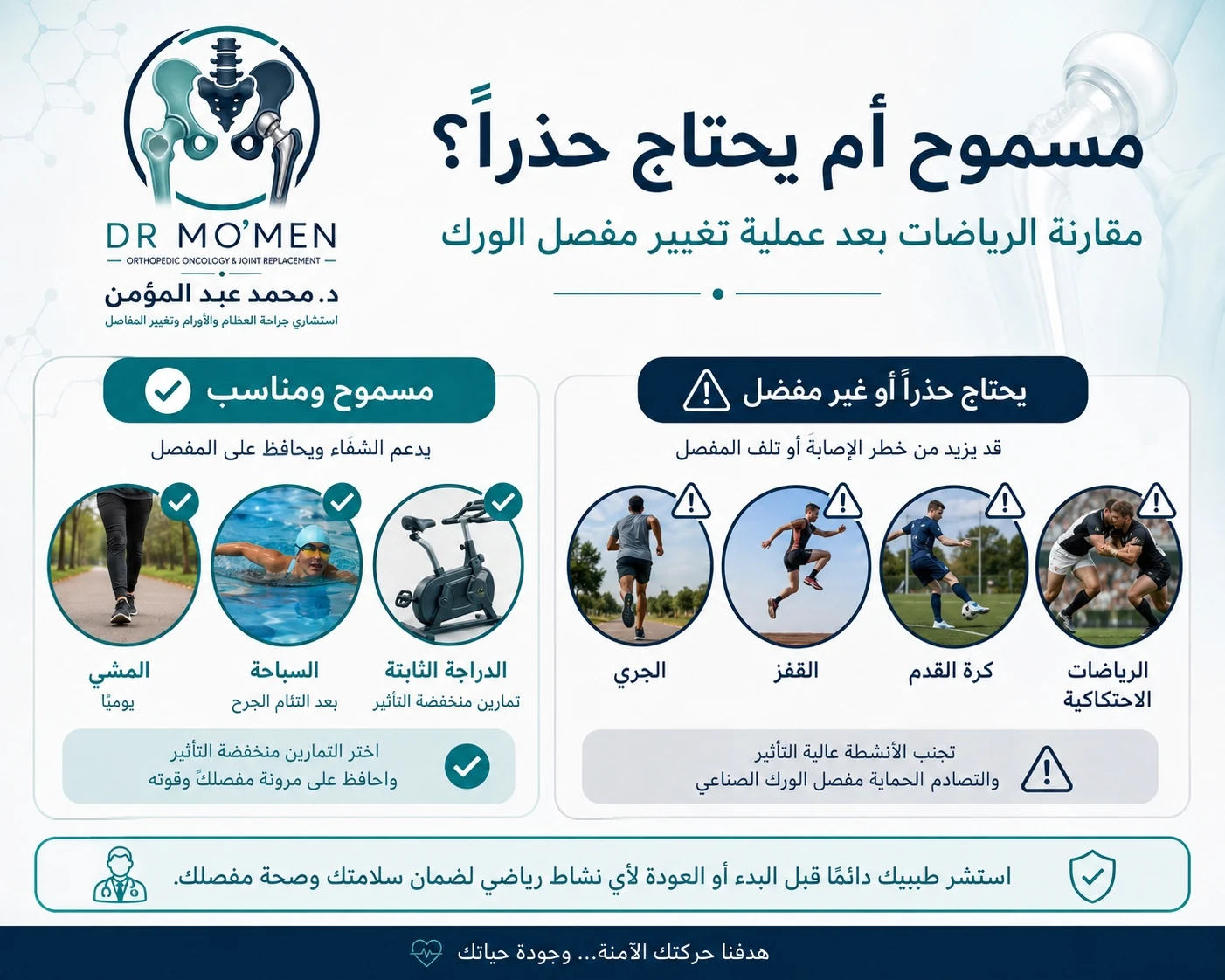 مقارنة بين الرياضات المناسبة والرياضات التي تحتاج حذرًا بعد تغيير مفصل الفخذ