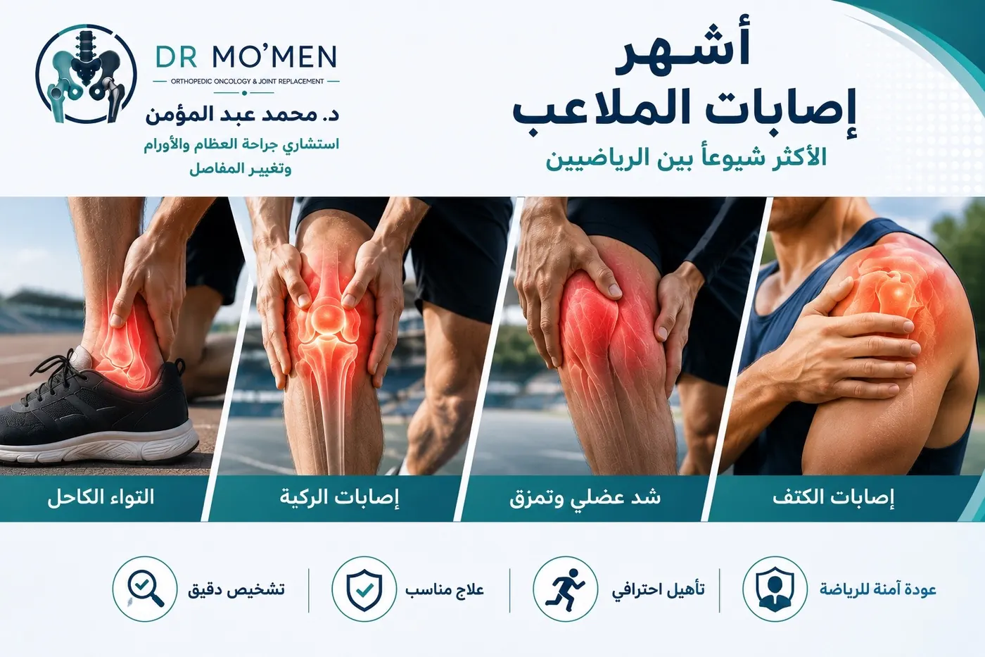 أشهر إصابات الملاعب في الركبة والكاحل والكتف