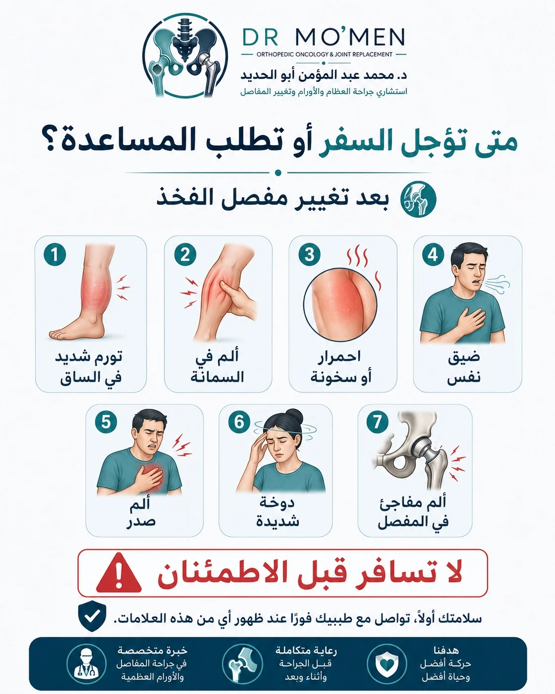 علامات خطورة أثناء السفر بعد تغيير مفصل الفخذ مثل تورم الساق أو ألم السمانة أو ضيق النفس