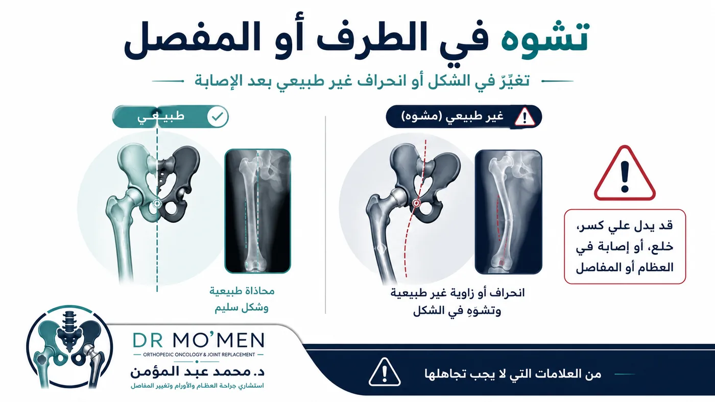 تشوه في الطرف أو المفصل بعد إصابة قد يدل على كسر أو خلع ويحتاج كشف عظام عاجل