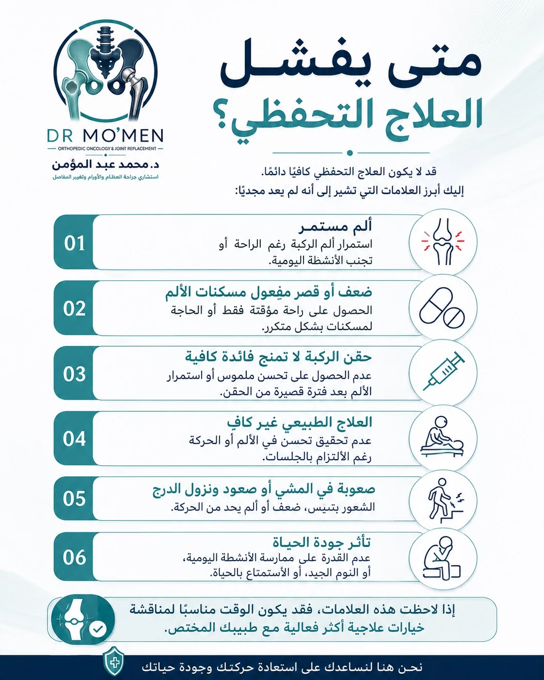 فشل العلاج التحفظي في خشونة الركبة عند استمرار الألم وضعف تأثير الحقن والعلاج الطبيعي